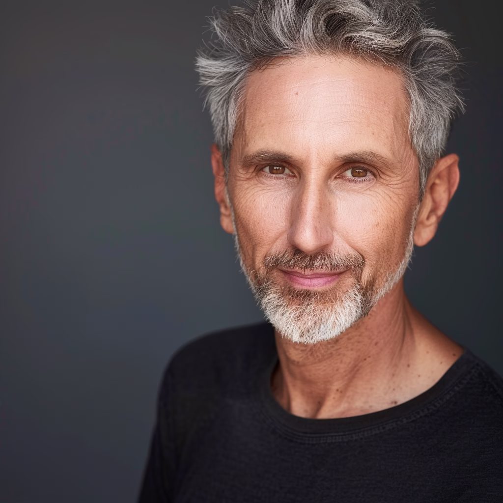 Confident, clean headshot of mature man in black shirt—example of timeless look for professional photos