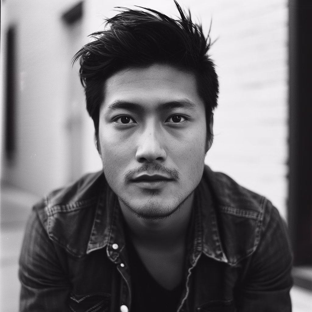 Black and white headshot of man wearing dark denim—example of neutral solid tones