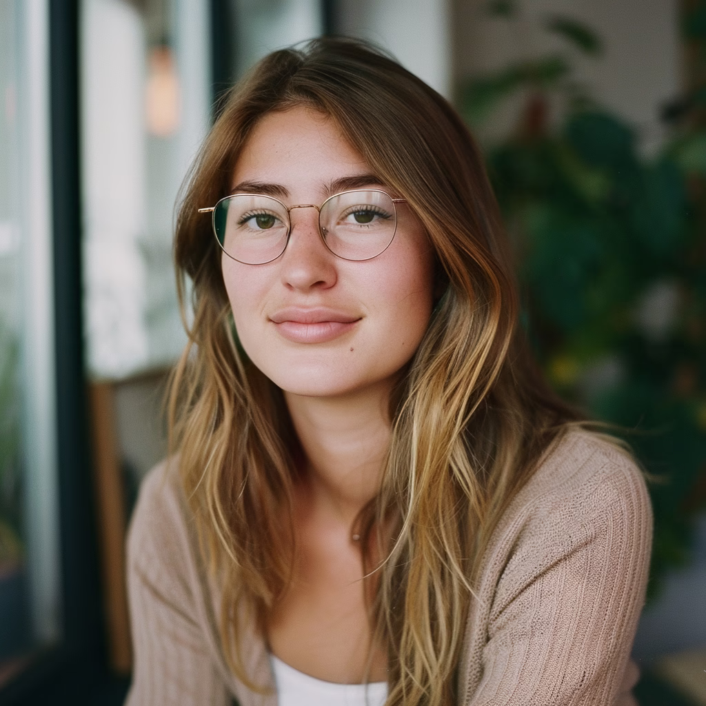 Professional headshot with layered neutral outfit—soft cardigan and glasses