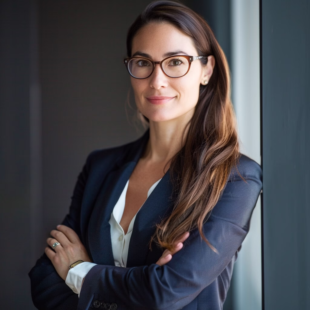 Professional headshot of a confident female executive with glasses standing by a window in Bergen County