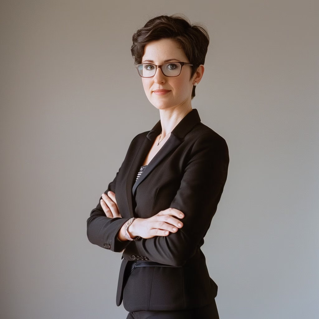 Headshot of confident woman with short hair and glasses in a black suit on neutral background