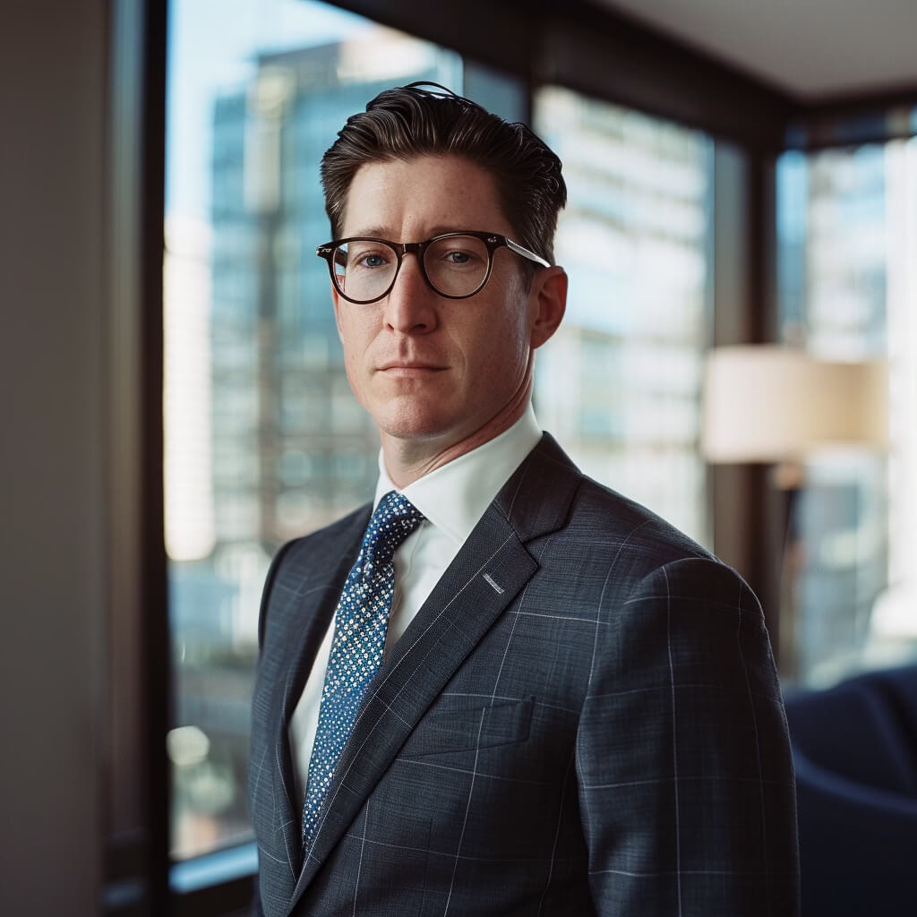 Professional headshot of a serious male executive in a dark suit and glasses taken in a Ridgewood NJ office with a city backdrop.