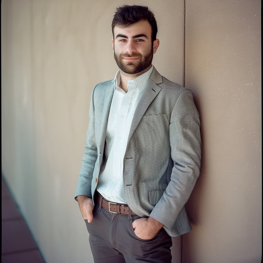 Business branding portrait of a man in a light blazer with a soft backdrop