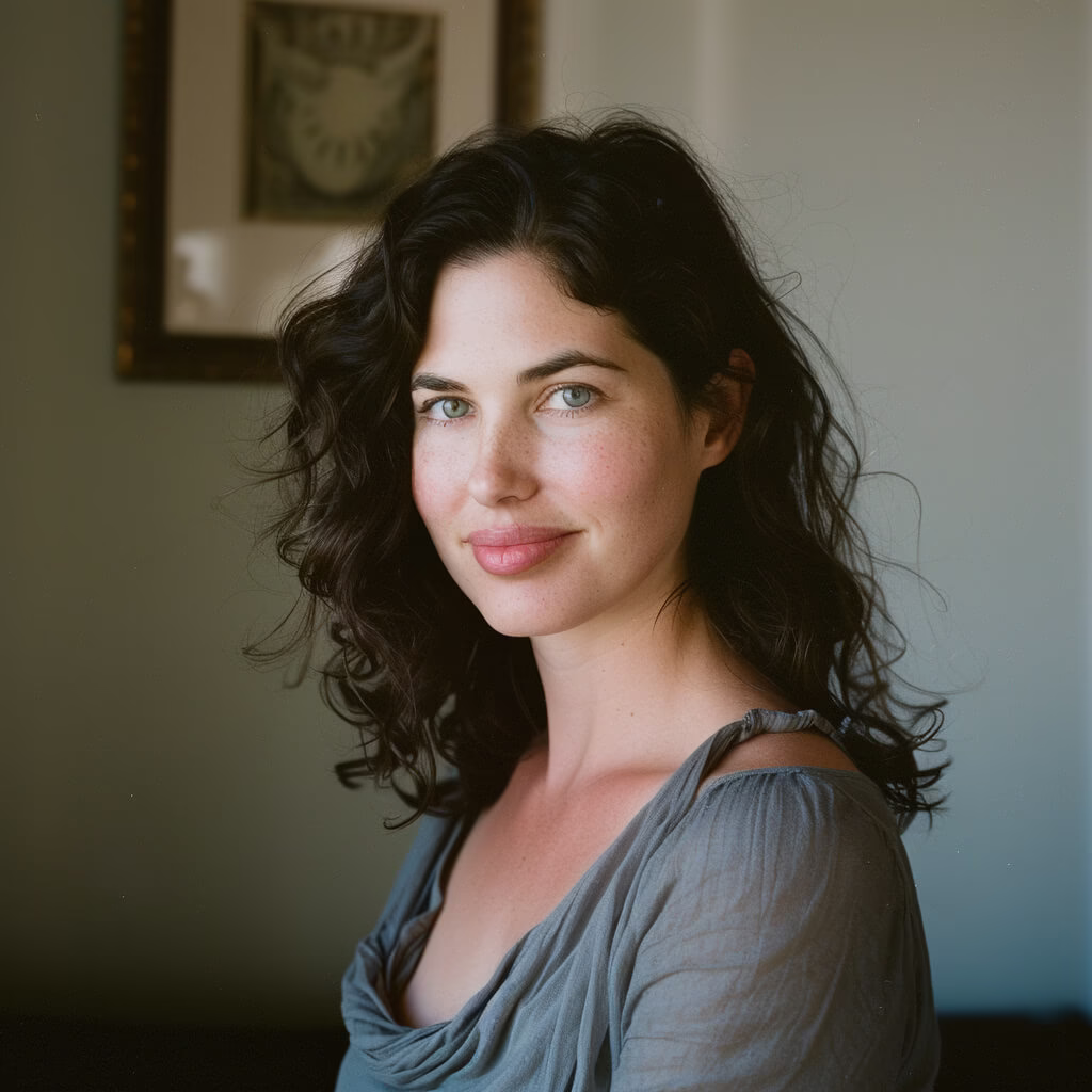 Casual and confident business portrait of a woman with curly hair and soft natural light