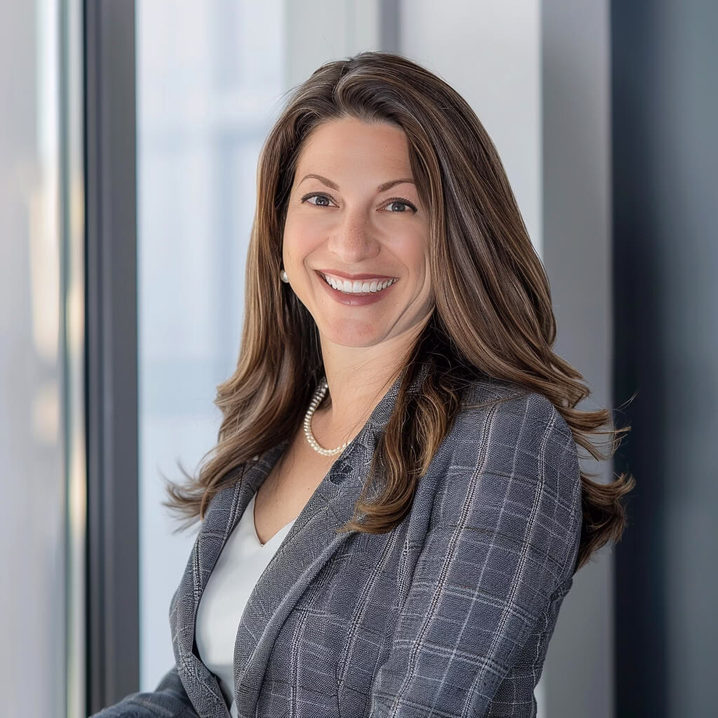 Business headshot of a smiling woman in a blazer by a window