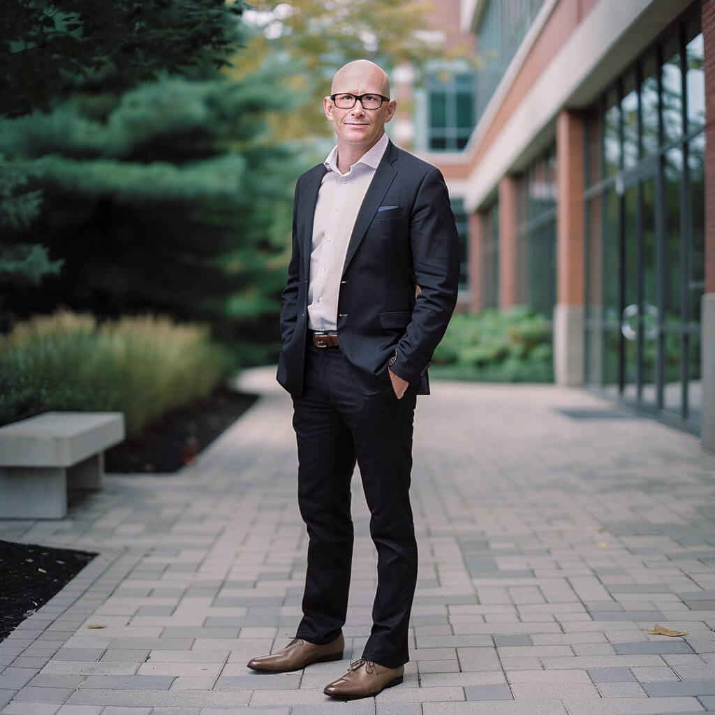 Outdoor full-body portrait of a male executive in business attire standing outside an office