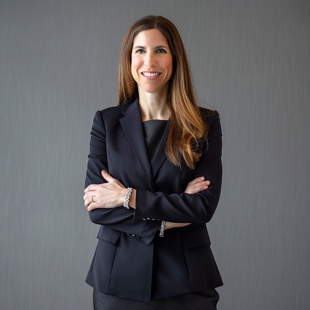 Confident full-body headshot of a woman in a black blazer with arms crossed