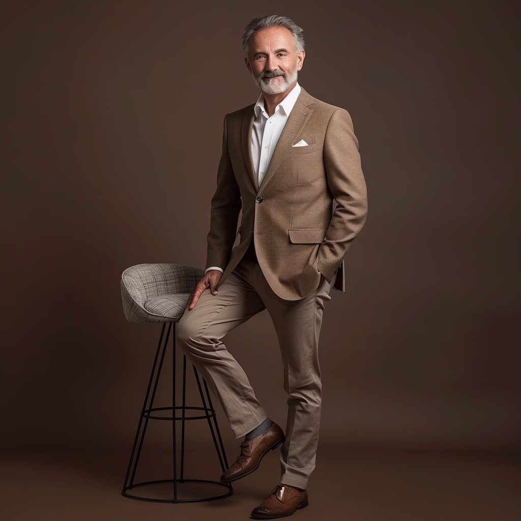 Full body headshot of executive in tan suit for business branding in Newark NJ