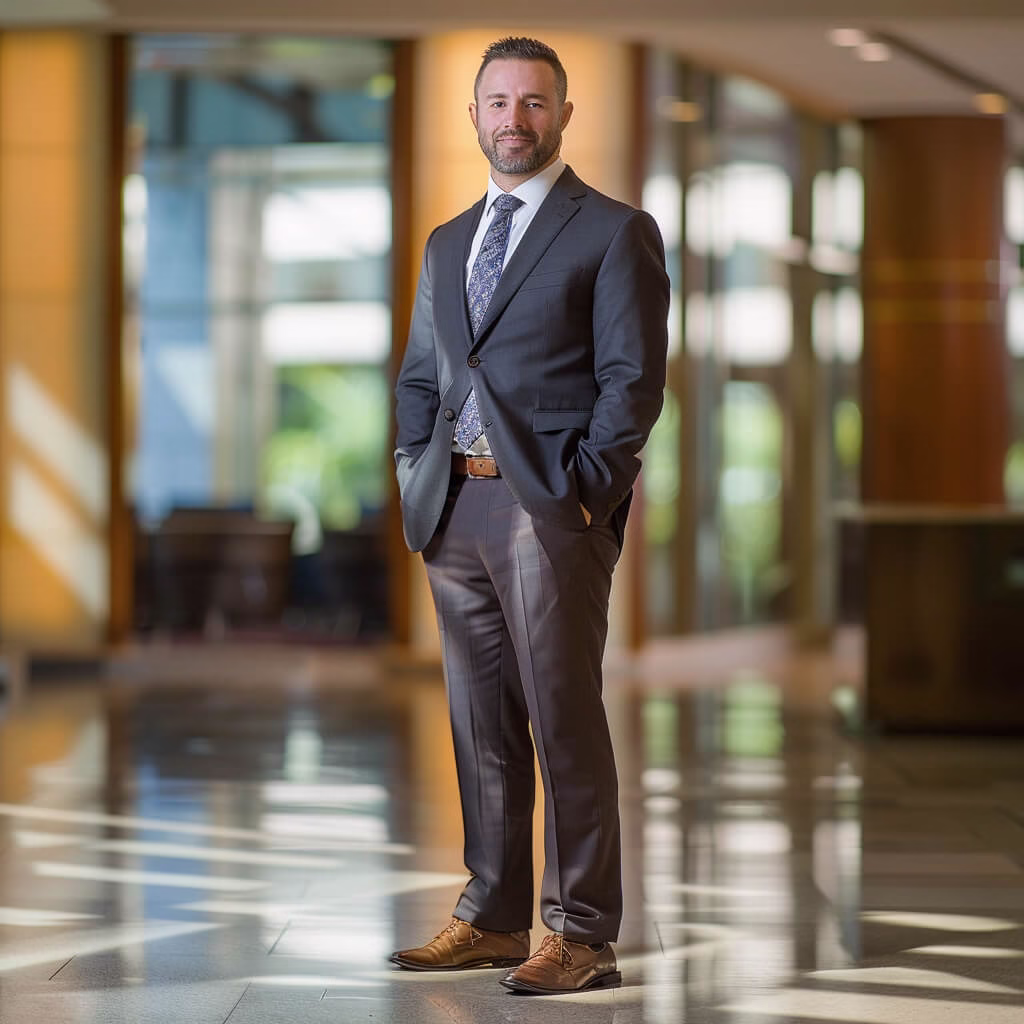 Full-body corporate headshot of a confident male professional in a suit standing in a modern office lobby in Ridgewood, NJ.