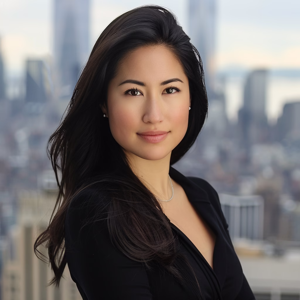 Business headshot of a woman on a rooftop with Jersey City skyline