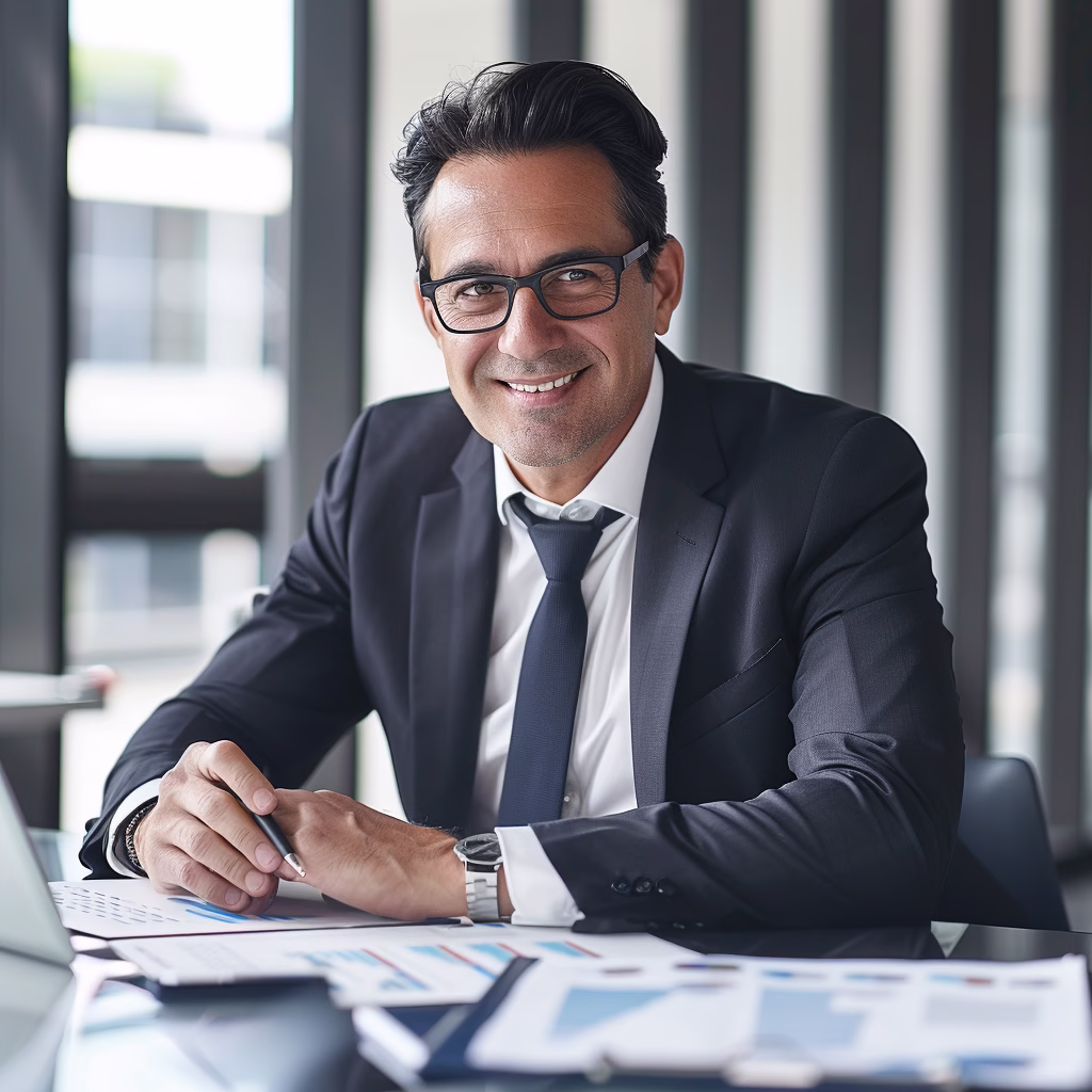 Corporate headshot of a businessman smiling at a desk in Jersey City office