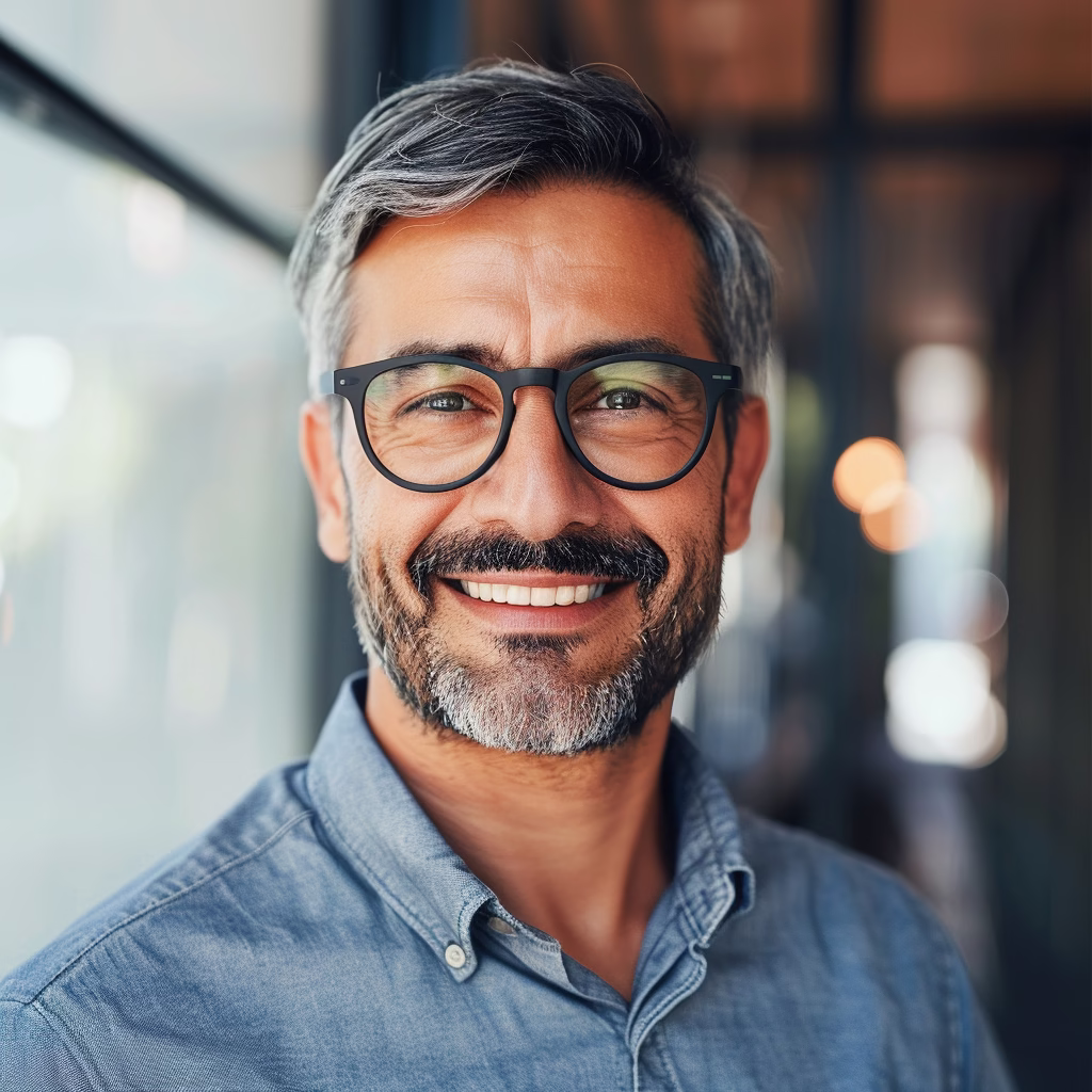Professional headshot of a confident man with gray hair and glasses in Jersey City