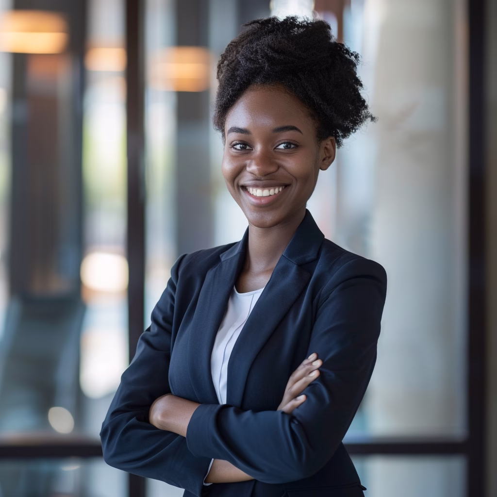 Confident young Black woman in professional headshot in Newark NJ office setting