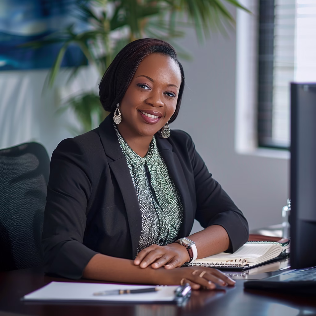Smiling business professional in Newark NJ photographed in office with natural light

