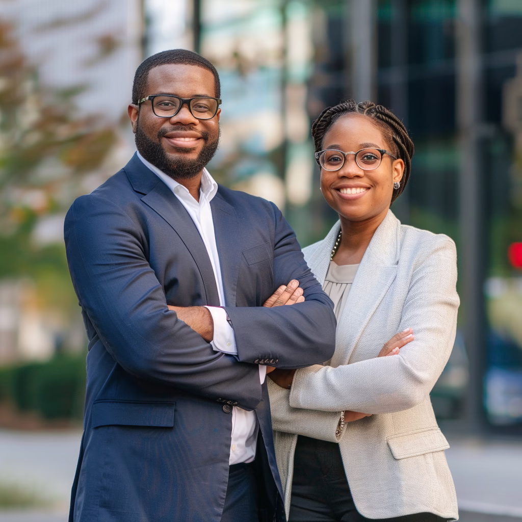 Team corporate headshot outdoors in Newark NJ – two professionals in business suits