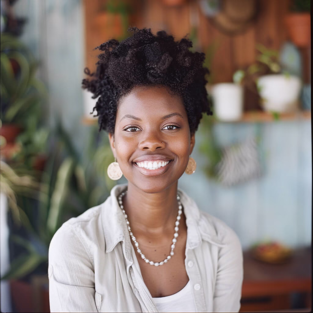 Smiling African-American woman with natural hair wearing earrings and pearls during a professional Ridgewood corporate headshot session