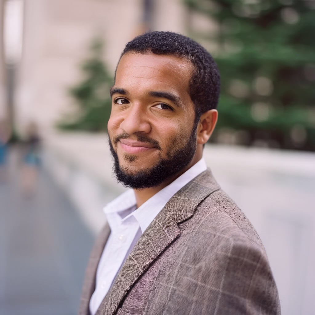 Young male professional in a blazer smiling outdoors during a corporate headshot session in Ridgewood, New Jersey.