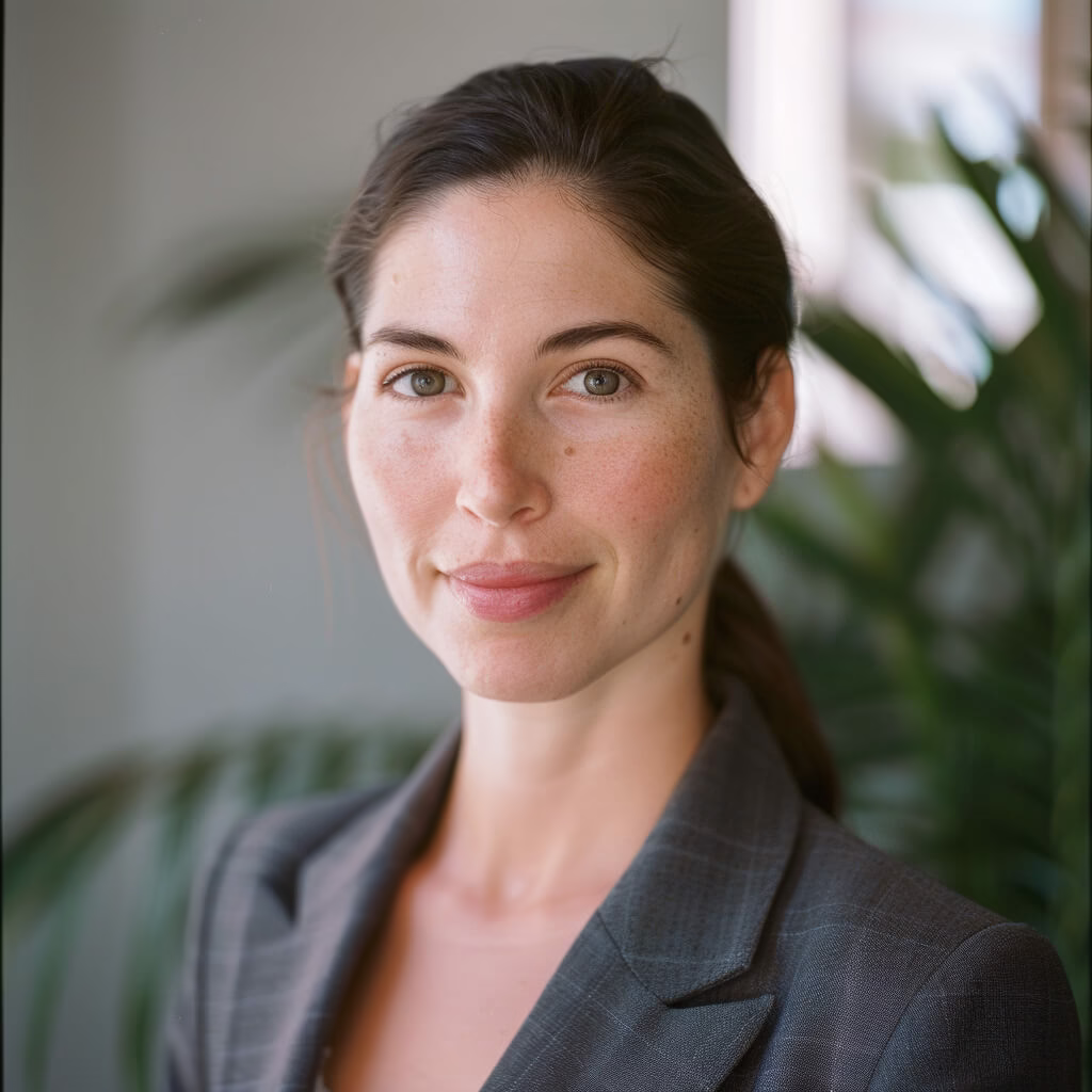 Professional headshot of a woman in a gray blazer, photographed in Ridgewood NJ with natural background and soft lighting.