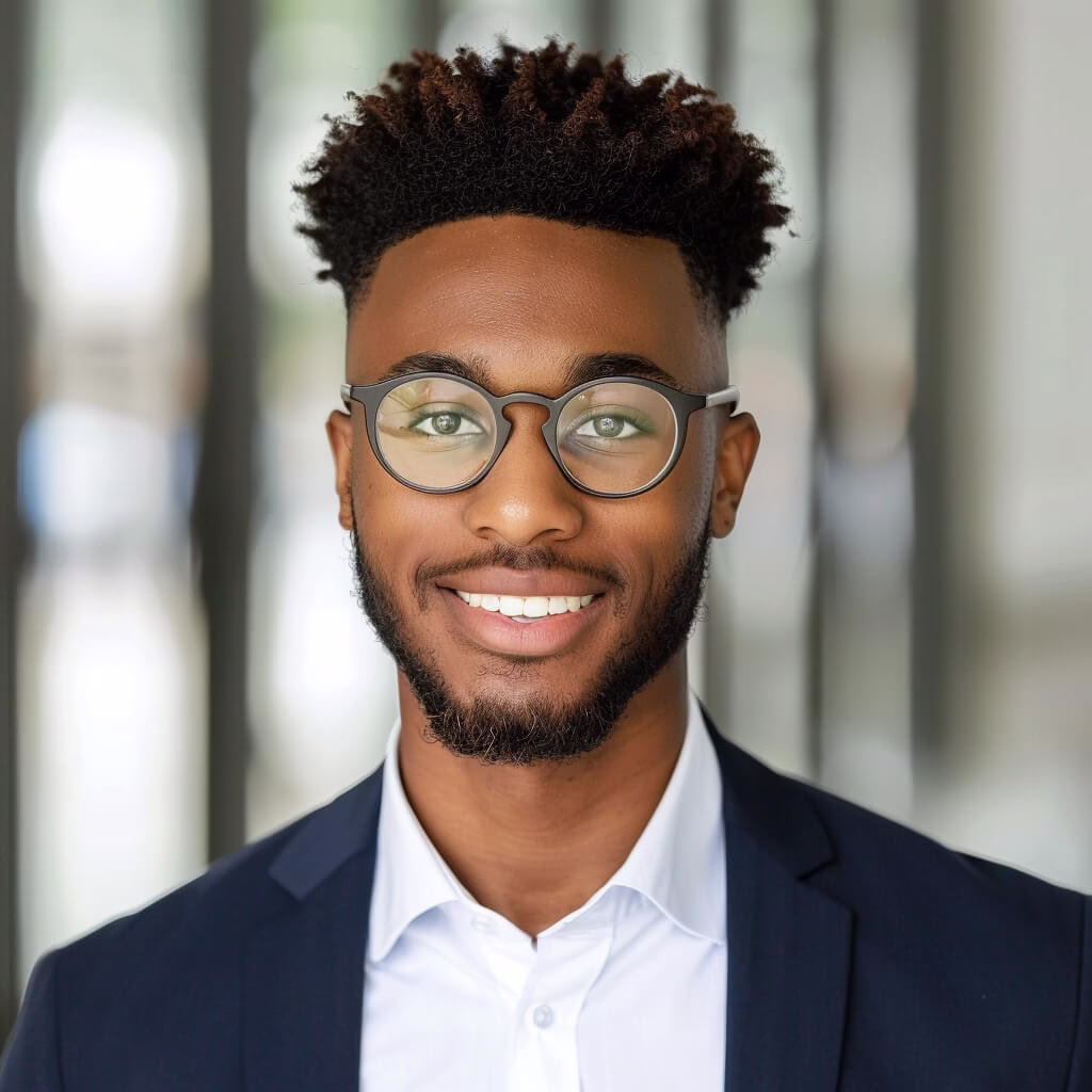 Smiling young man in business attire photographed in a modern office background with soft lighting