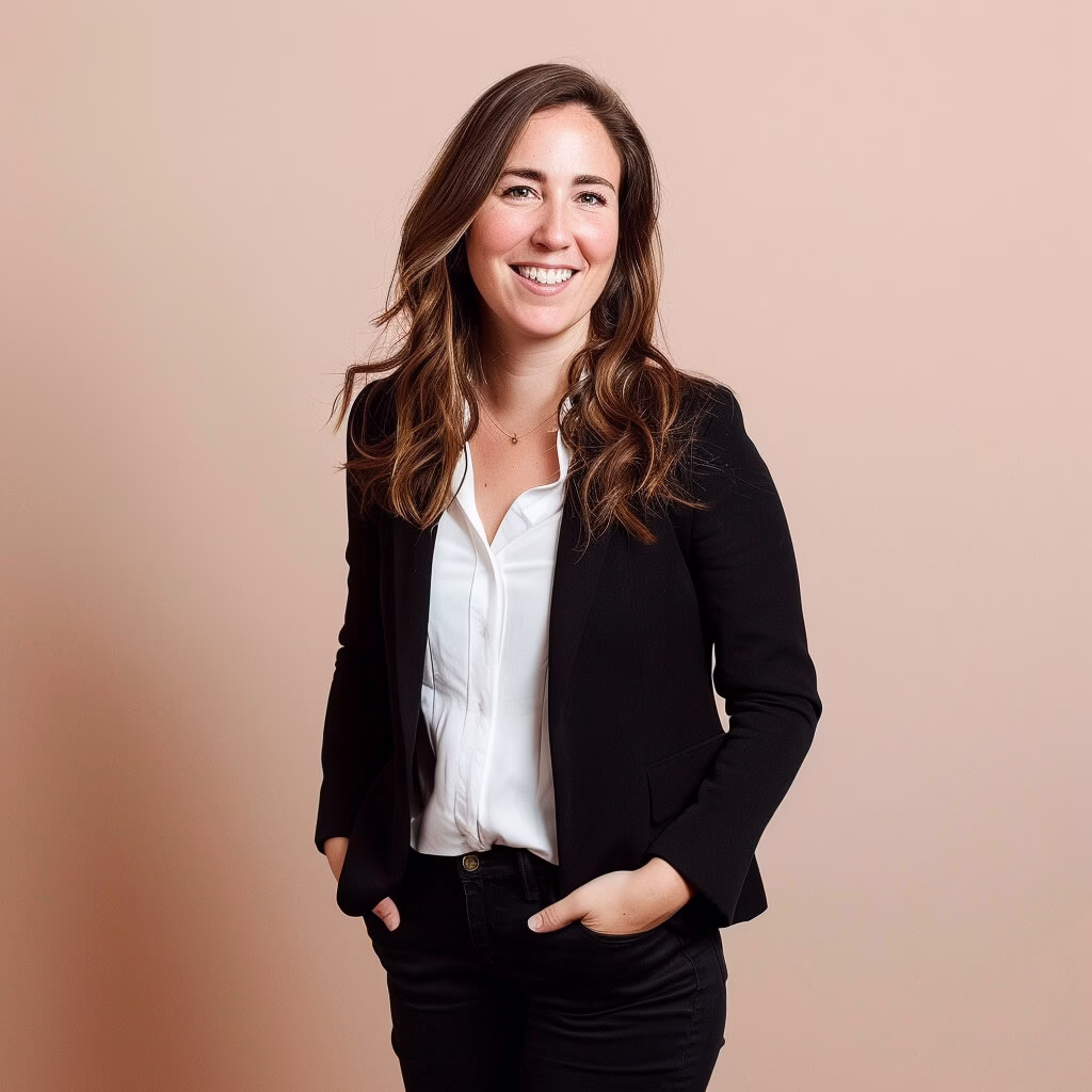 Confident woman in blazer standing against a peach background for a clean, full-body DIY headshot