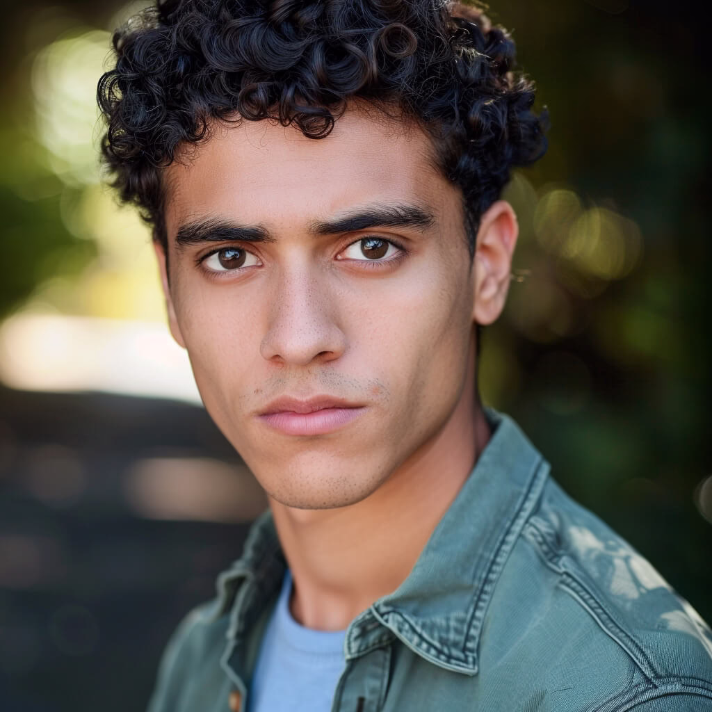 Young actor posing outdoors in natural light with soft background blur for a DIY-style headshot