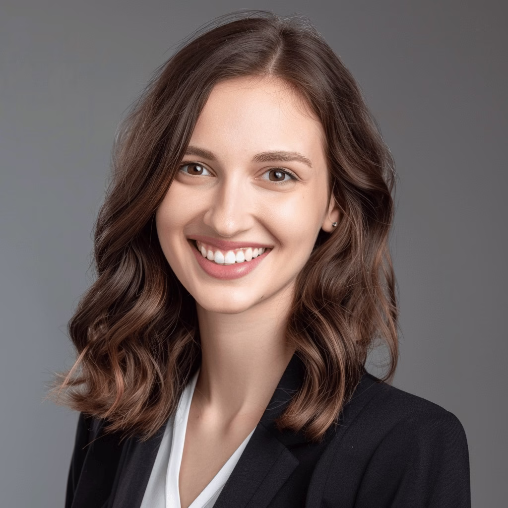 ERAS headshot of a smiling female medical student with shoulder-length wavy hair, wearing a white blouse and black blazer, taken near Hackensack NJ on a gray background.