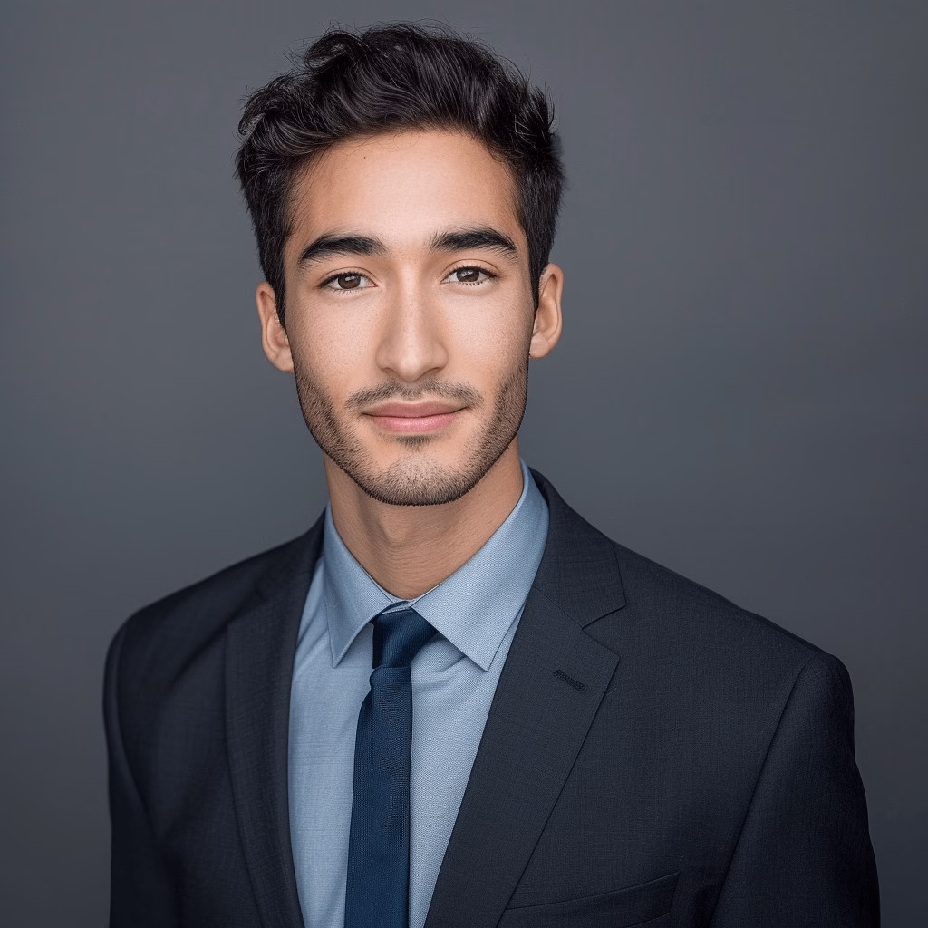 Professional ERAS headshot of a male medical student wearing a dark suit and blue shirt with a navy tie, photographed on a charcoal gray background near Hackensack NJ.
