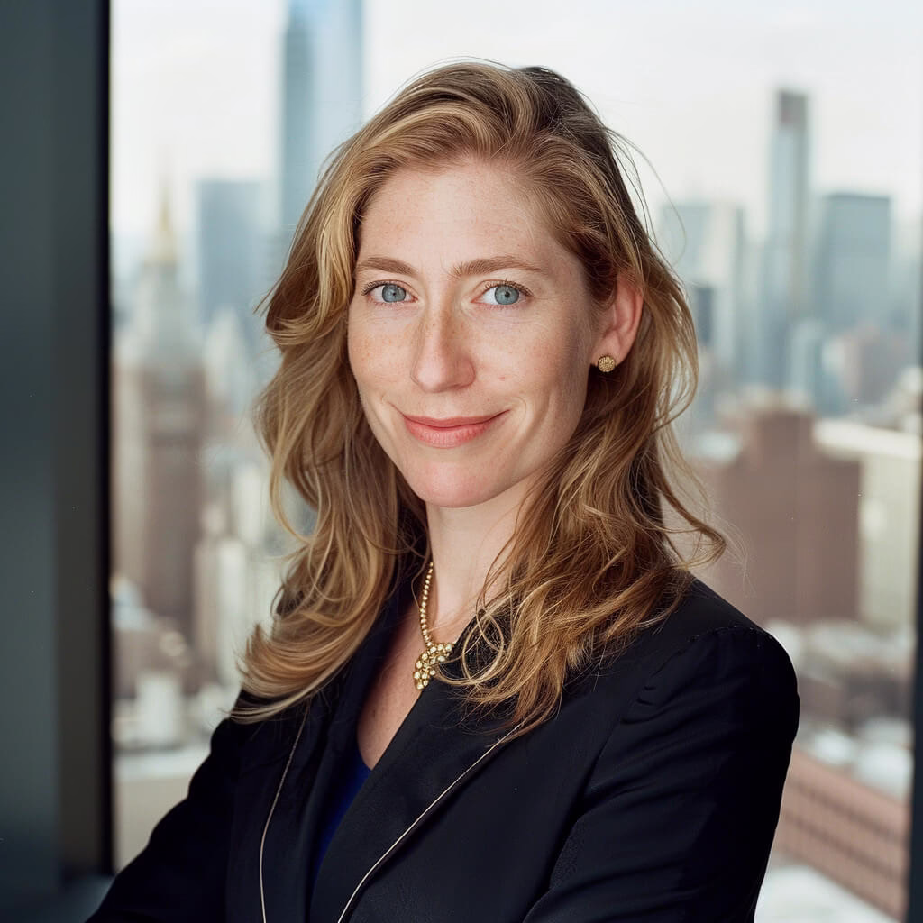 Executive woman with NYC skyline in the background for a corporate headshot in natural light