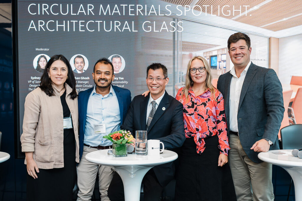 Group photo of architectural glass panel speakers at Climate Week NYC Circularity in Practice, by Alex Kaplan.