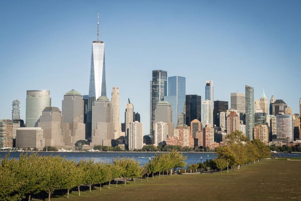 Manhattan skyline view from Liberty State Park waterfront venue during daytime