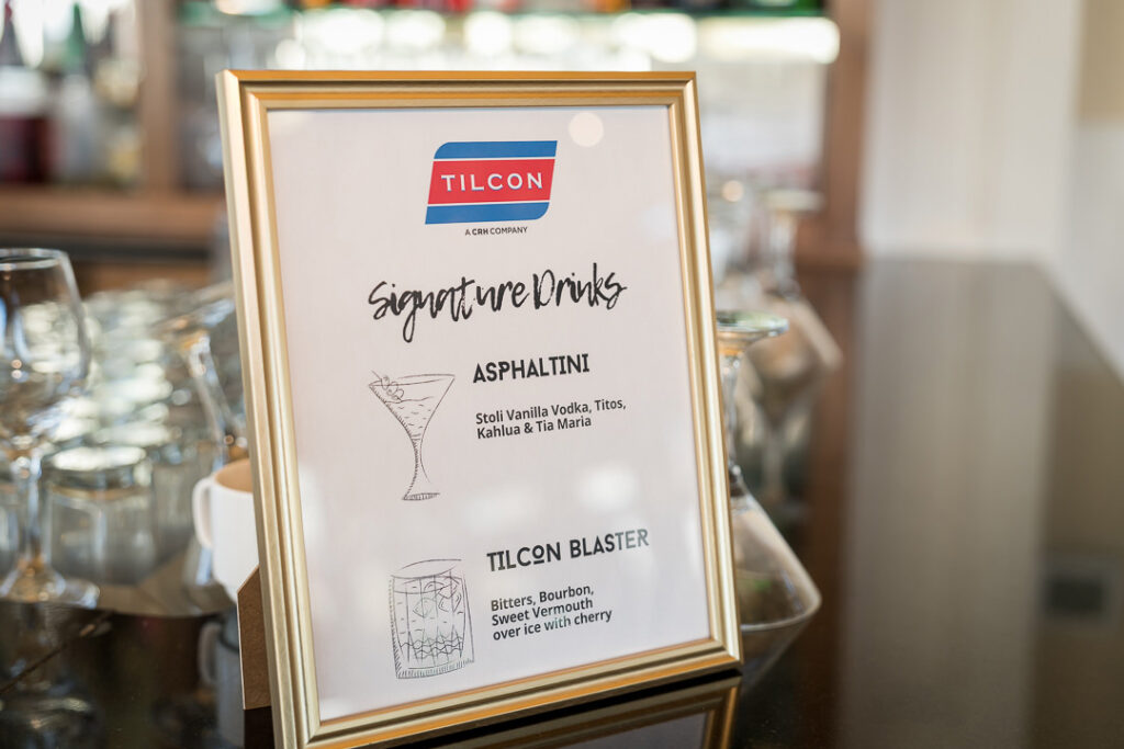 Signature drinks menu featuring Asphaltini and Tilcon Blaster cocktails at client appreciation event