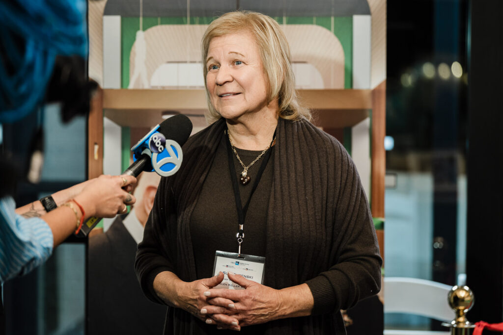 Executive director interviewed by ABC 7 News during Helen Keller National Center Walters-Smithdas Atrium dedication ceremony Long Island