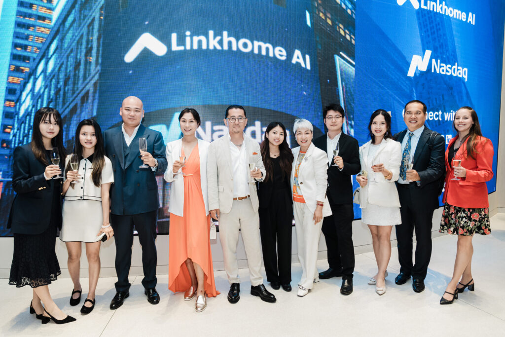 Linkhome AI team champagne celebration Nasdaq IPO ceremony group photo corporate event photographer