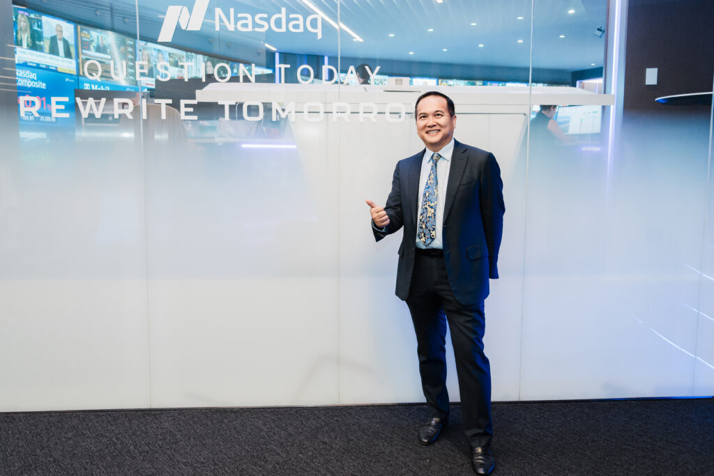 Linkhome AI team at Nasdaq listing ceremony IPO event professional corporate photography Times Square