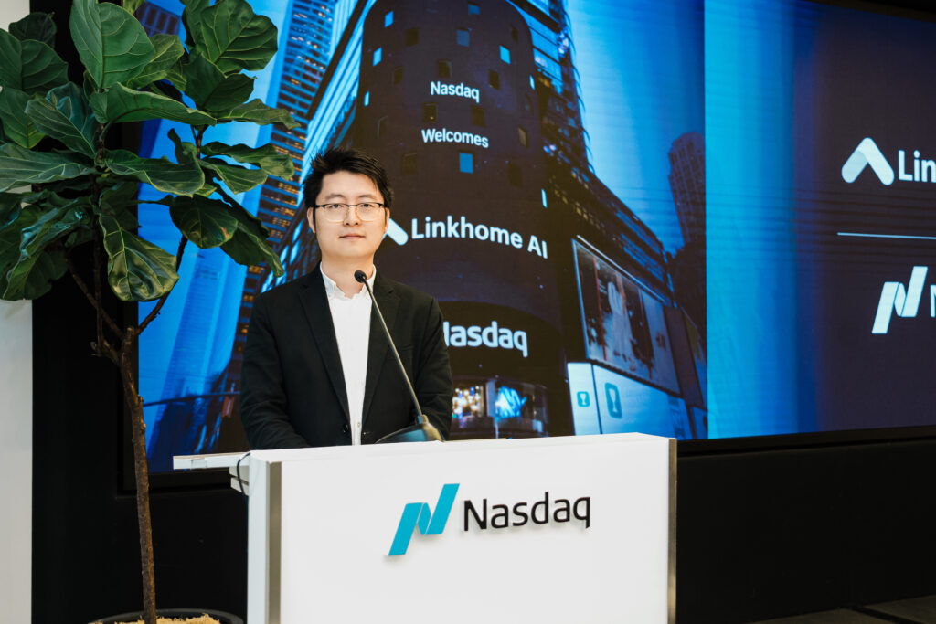 Linkhome AI speaker presenting at Nasdaq welcome ceremony IPO event photography New York
