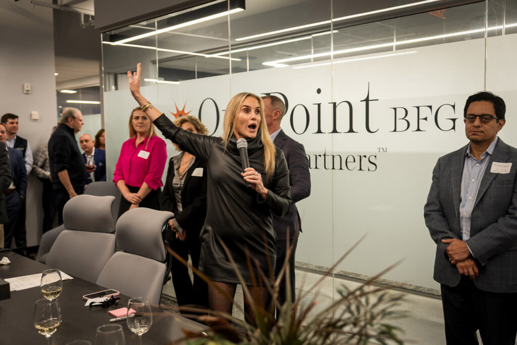 Engaging presentation moment at OnePoint BFG wine tasting celebration in Parsippany