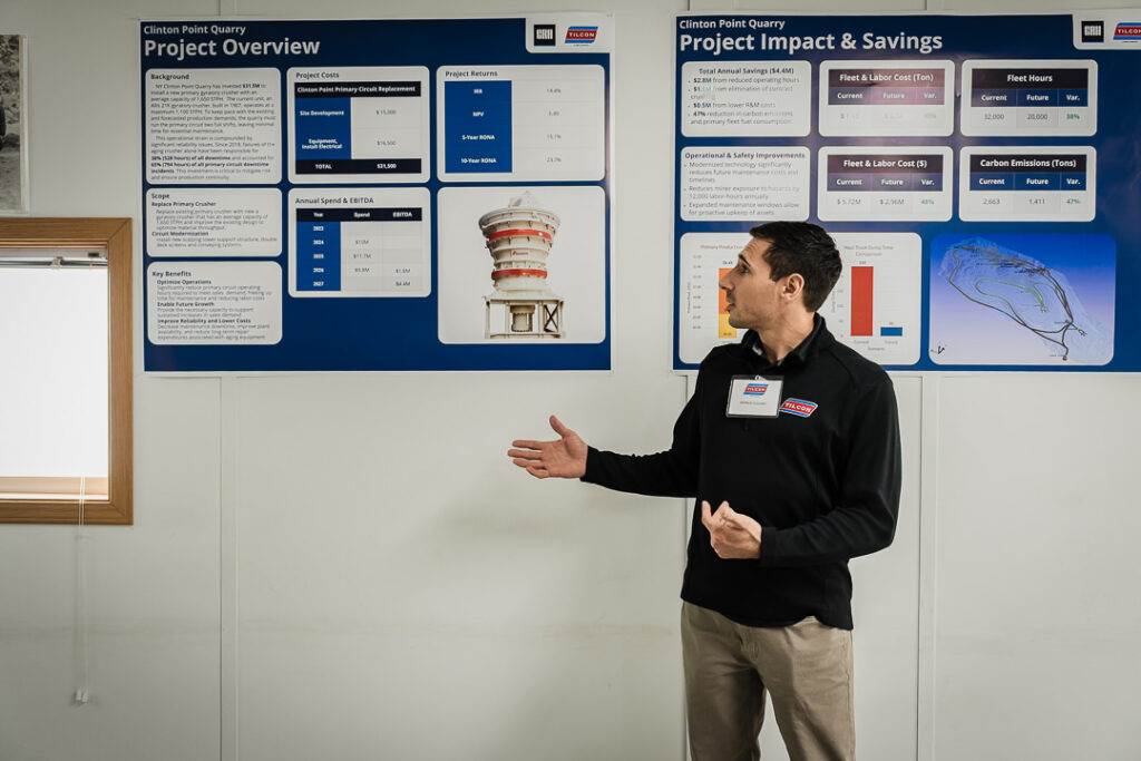 Tilcon team member presenting Clinton Point Quarry project overview and analytics including cost forecasts and EBITDA projections