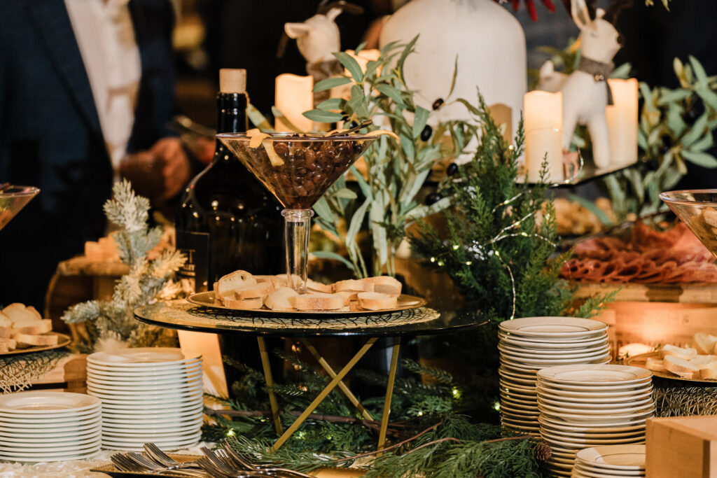 Elegant food and beverage display at corporate event photographed by Alex Kaplan at The High Lawn
