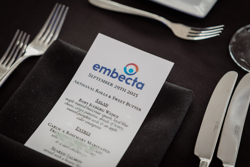 Corporate event menu card photographed by Alex Kaplan at Embecta meeting in Jersey City