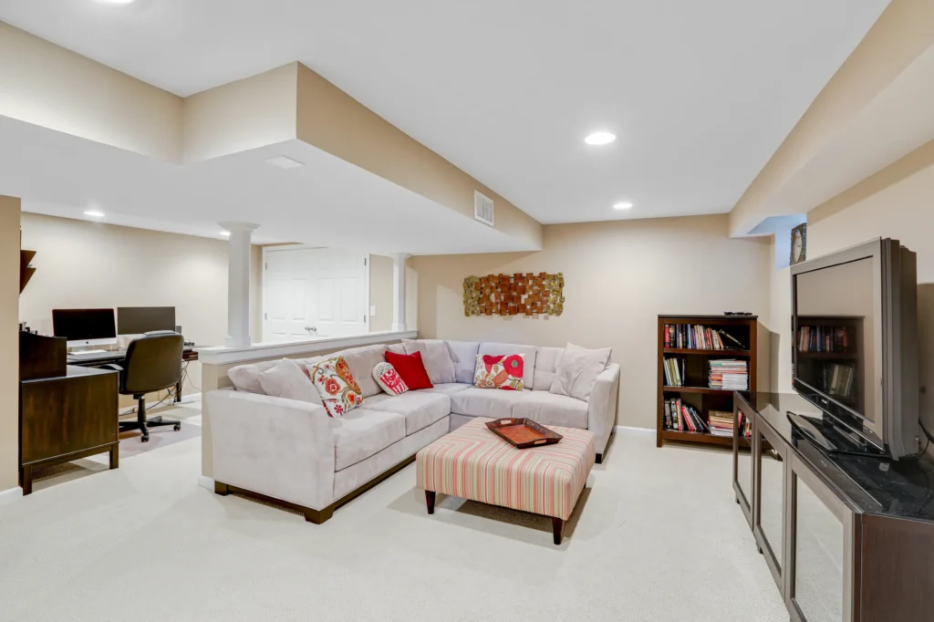 Finished basement recreation room in Bergen County NJ home