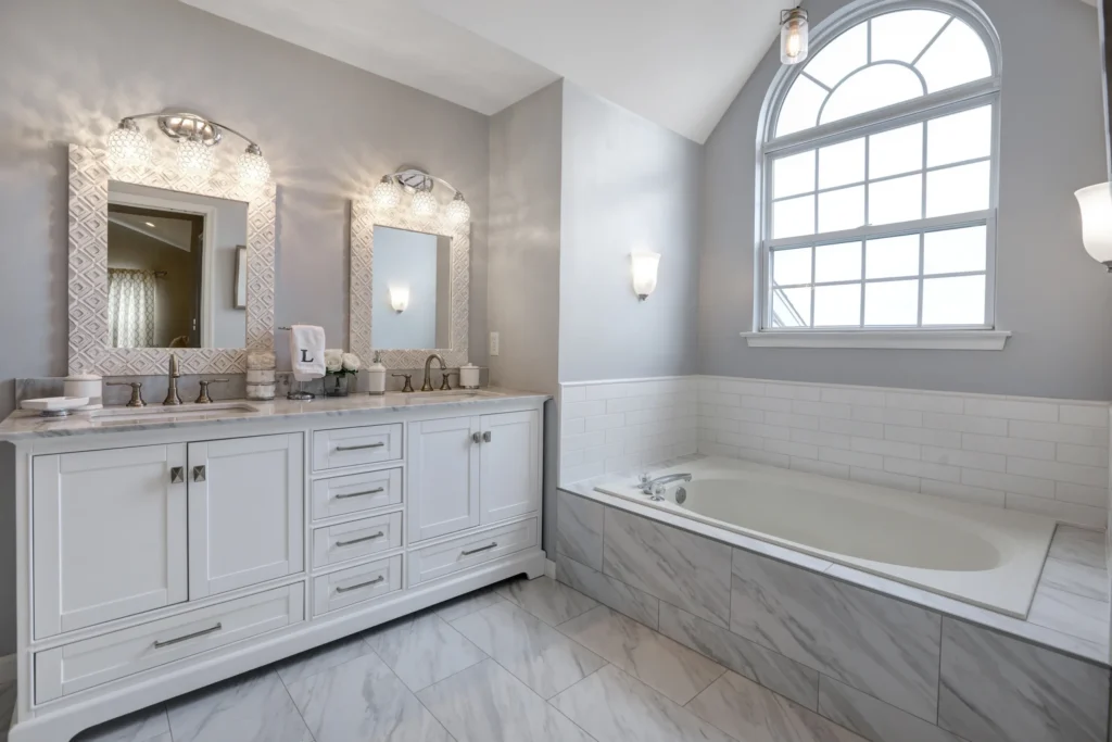 Modern bathroom with double vanity and spa-like styling in New Jersey home