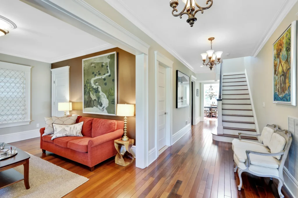 Home office with built-in shelving and desk workspace in Northern New Jersey