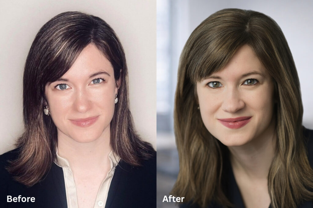 Side-by-side before and after comparison of a professional woman’s LinkedIn headshot, showing improved lighting, tighter crop, and a softly blurred office background in the updated photo by Alex Kaplan Photo in Northern New Jersey and NYC.