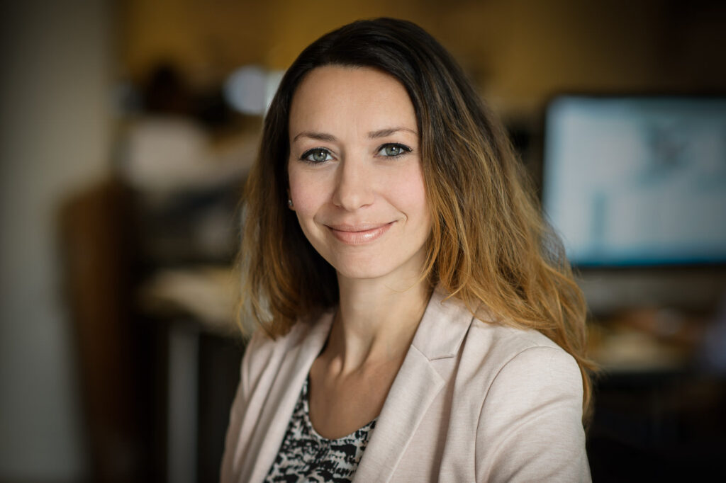 Executive professional headshot example woman in blush blazer ombre hair NJ