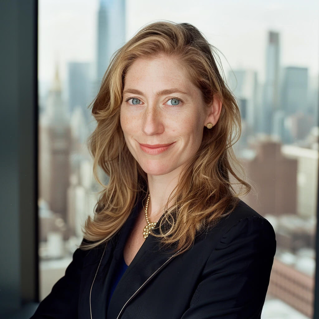 Confident executive headshot with NYC skyline window view captured by Alex Kaplan Photo