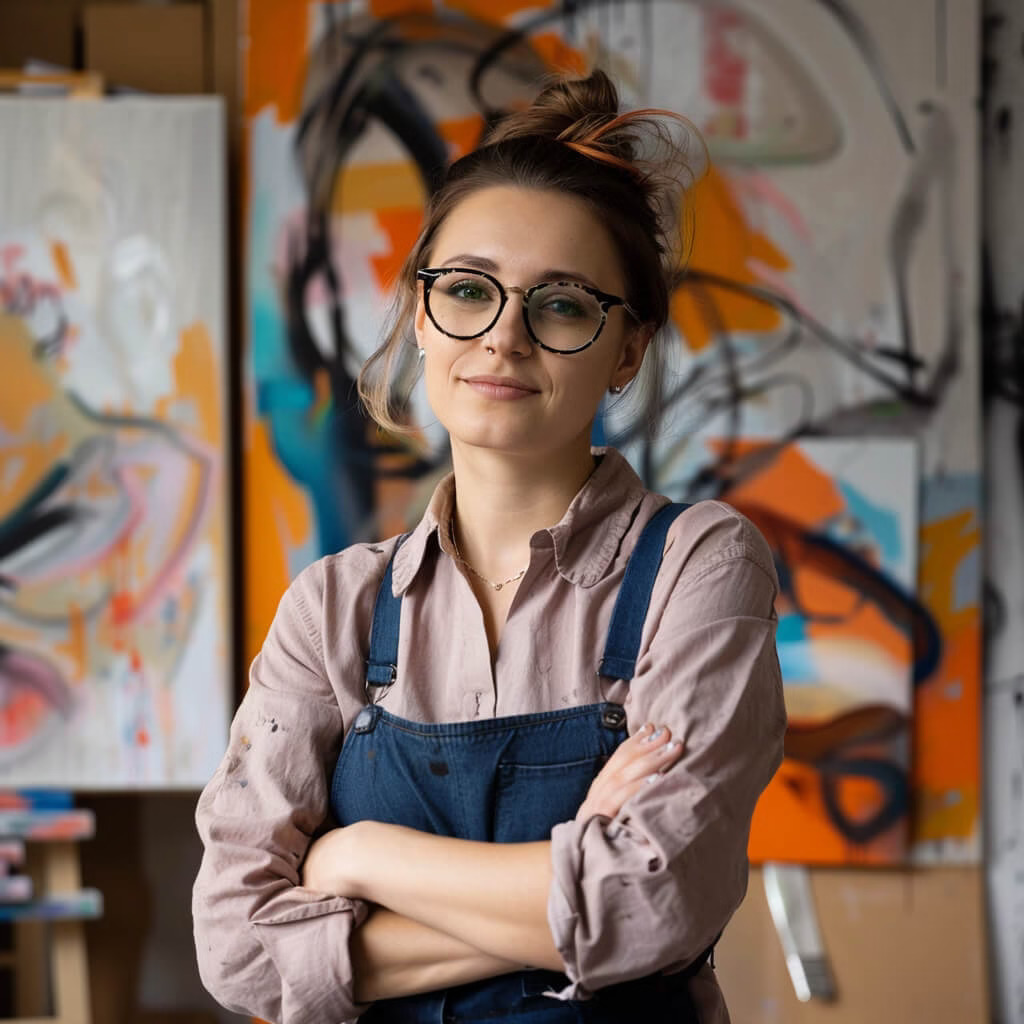 Relaxed natural headshot of an artist in her studio taken by NJ headshot photographer Alex Kaplan