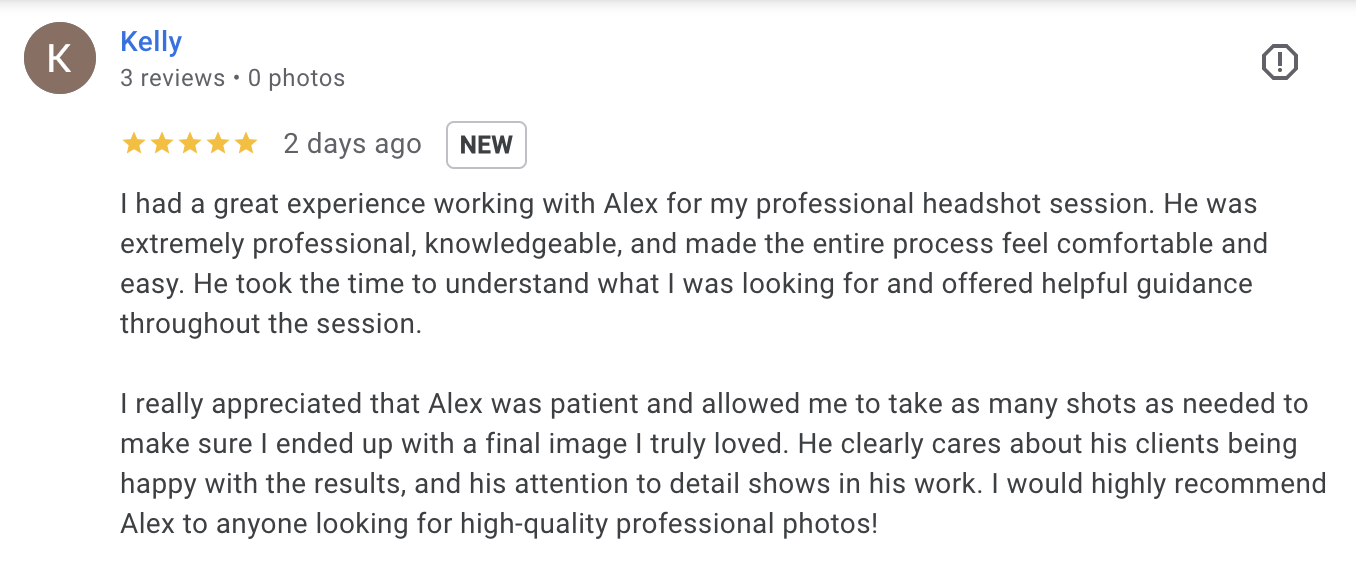 Five-star Google review praising a professional headshot session at Alex Kaplan's New Milford NJ studio