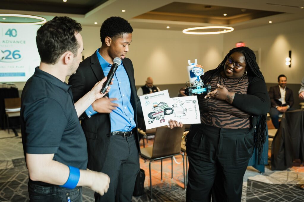 RMR team presenting their robot design during the team-building challenge at MC Hotel in Montclair NJ
