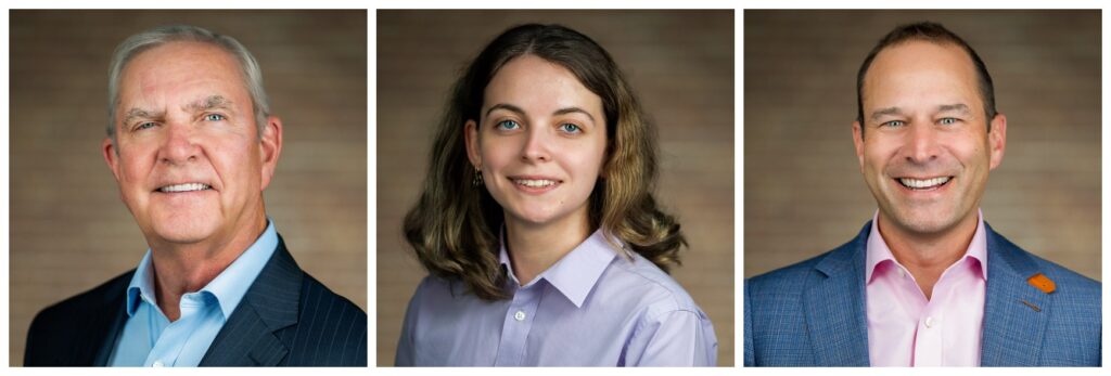 Three corporate team headshots showing matching background, lighting, and crop across different people