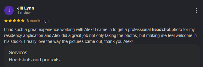 Five star Google review of an Alex Kaplan ERAS residency application headshot in New Jersey